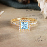 Princess Cut Aquamarine Engagement Ring Half Eternity Halo Promise Ring